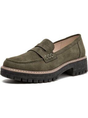 Womens Olive Green Round Toe Lug Sole Slip Comfortable Casual Dress Loafer Shoes
